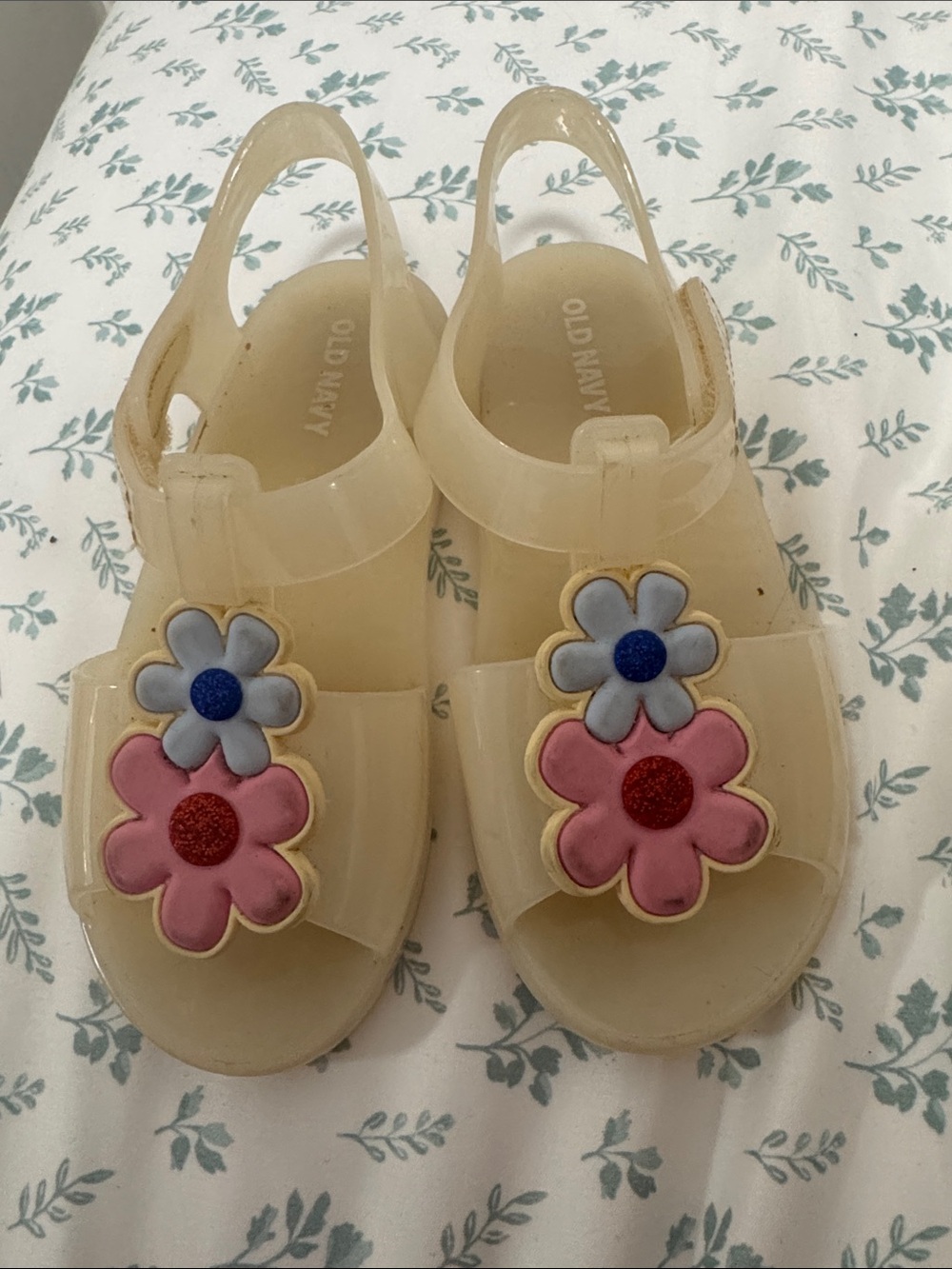 Old Navy Clear Jelly Sandals with Pink and Light Blue Flower Appliqués